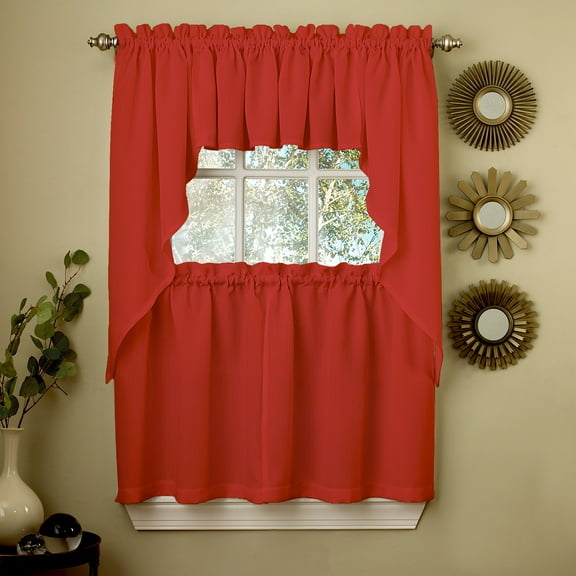 Ribcord Kitchen Curtains Solid Opaque 24" Tier, Valance & Swag Set Red