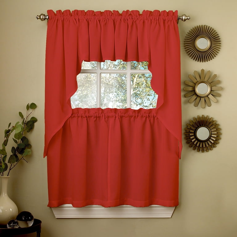 Lorraine Home Fashions Ribcord Kitchen Curtains Set, Solid Opaque Red ...