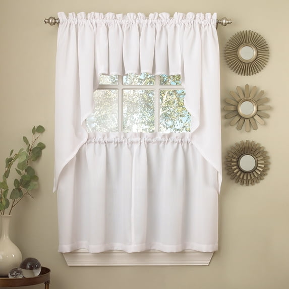 Ribcord Kitchen Curtains Solid Opaque 36" Tier, Valance & Swag Set White