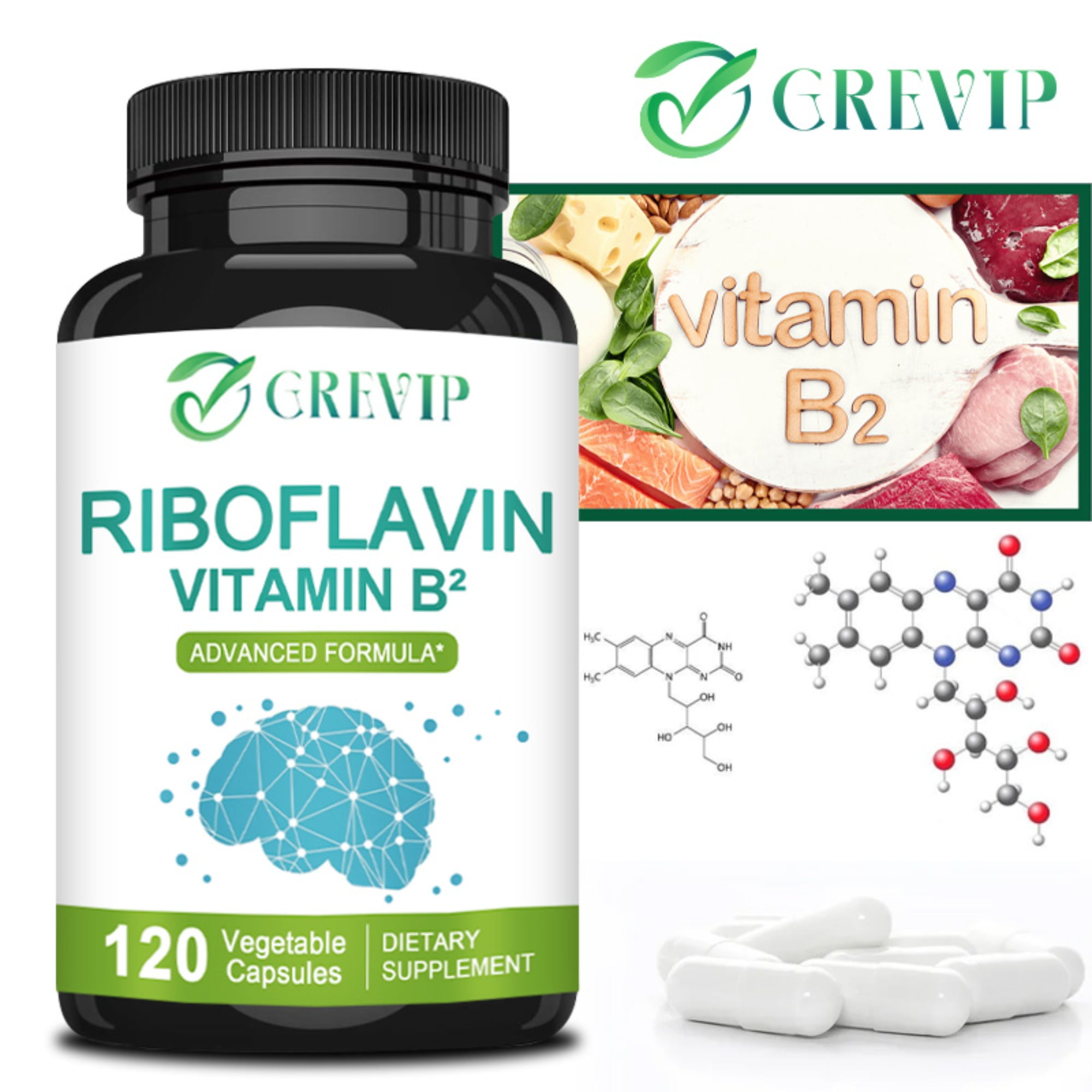 Riboflavin Vitamin B2 400mg - Support Cellular Energy Metabolism, Migraine Relief - 120 Capsules