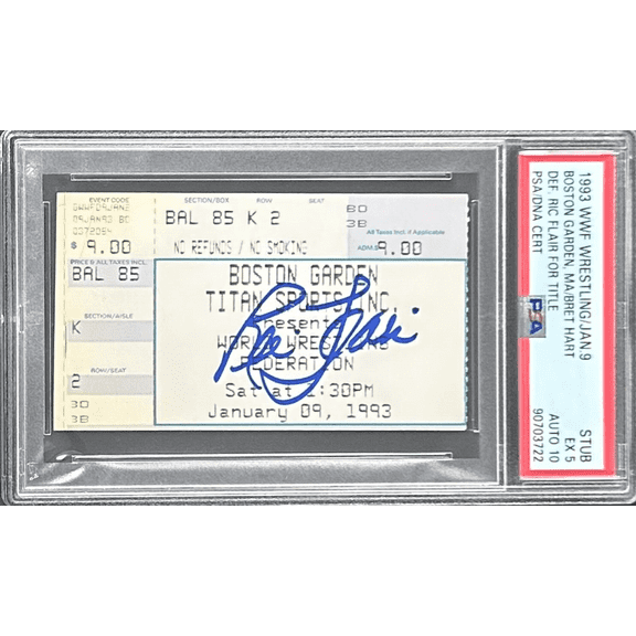 Ric Flair Signed Bret Hart vs Ric Flair 1993 WWF Ticket Stub PSA EX 5 Auto 10