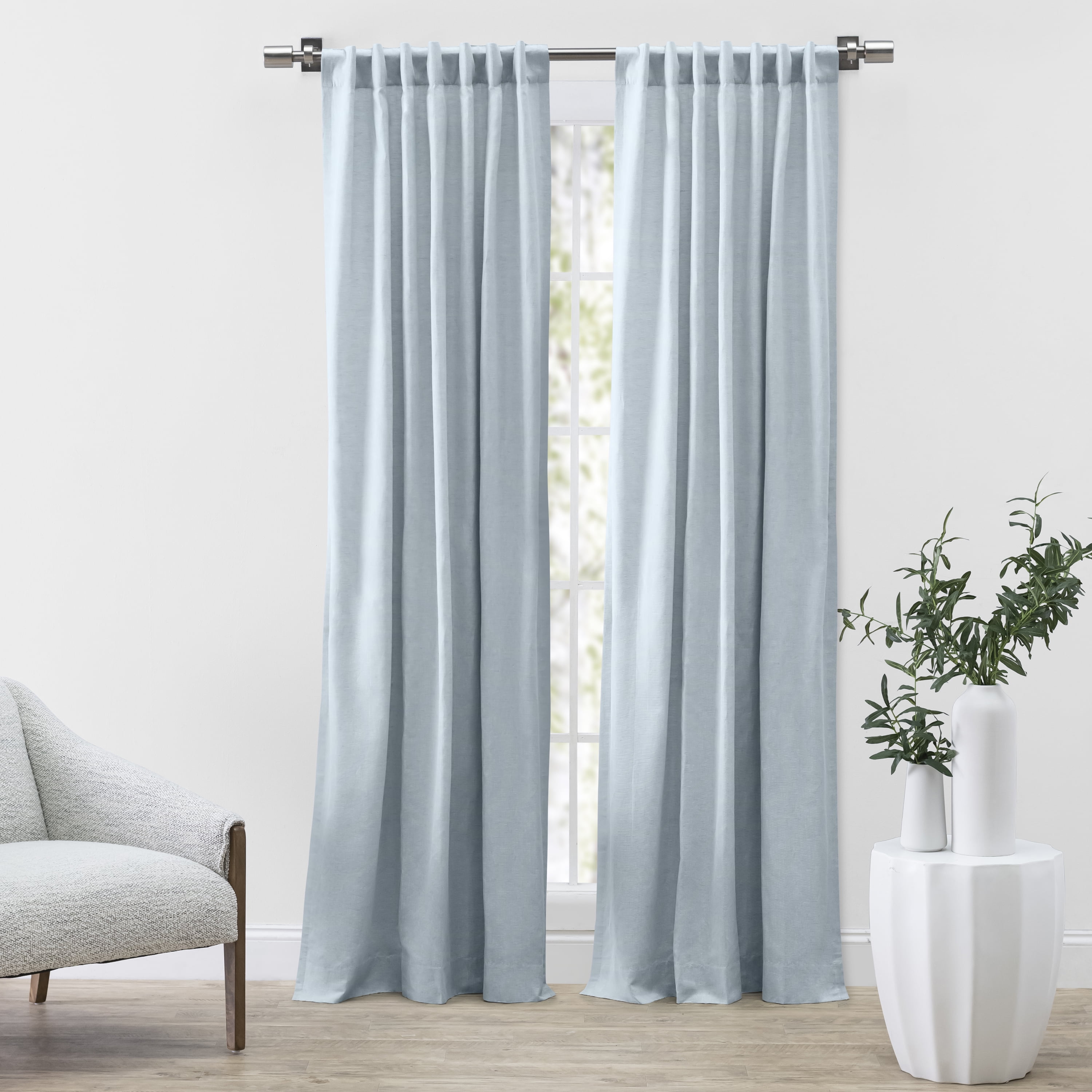 Blue Linen Blend Light-Filtering Rod Pocket Drapes