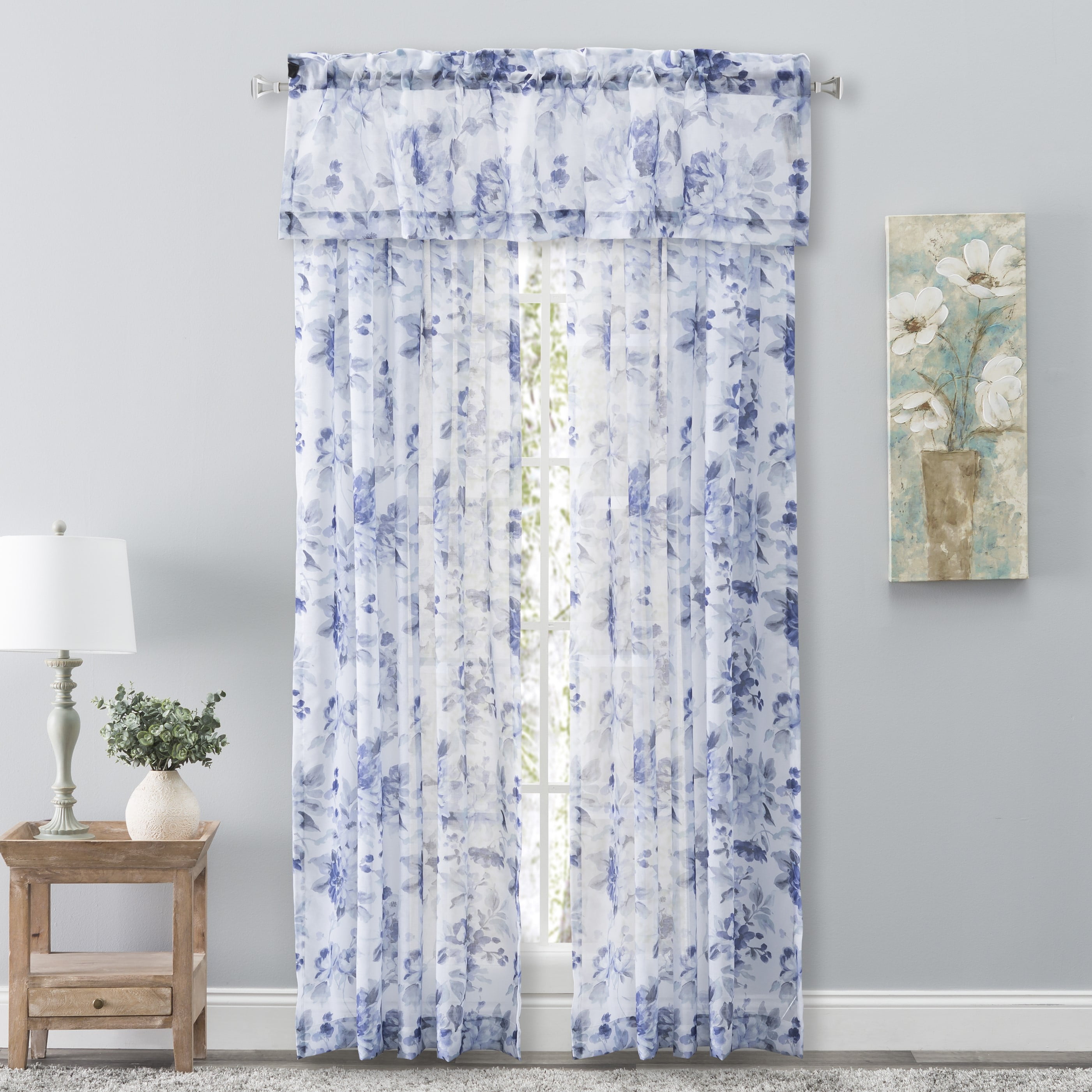 Whimsical Blue Floral Sheer Rod Pocket Polyester Window Panel
