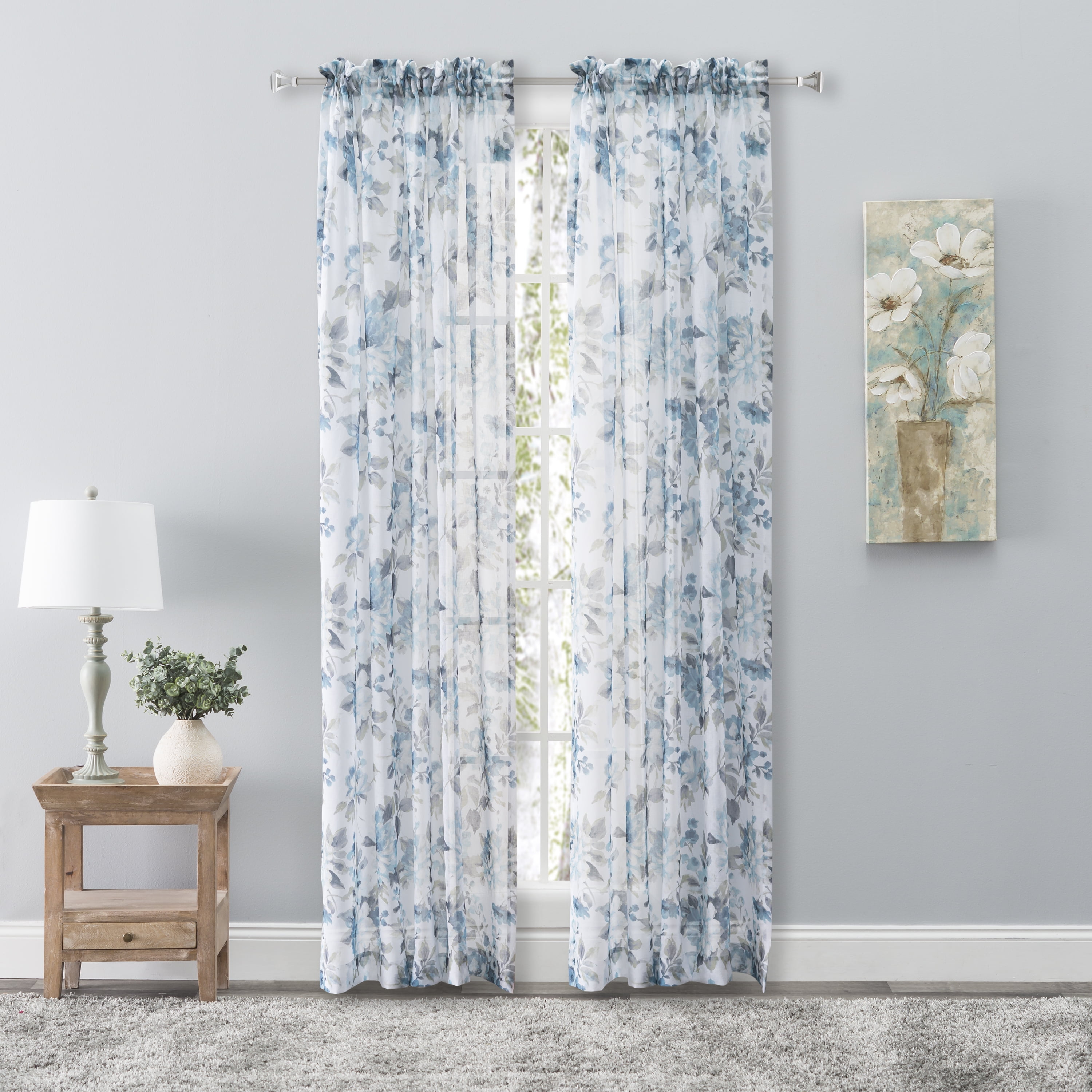Blue Floral Sheer Rod Pocket Panel 54x84 Polyester