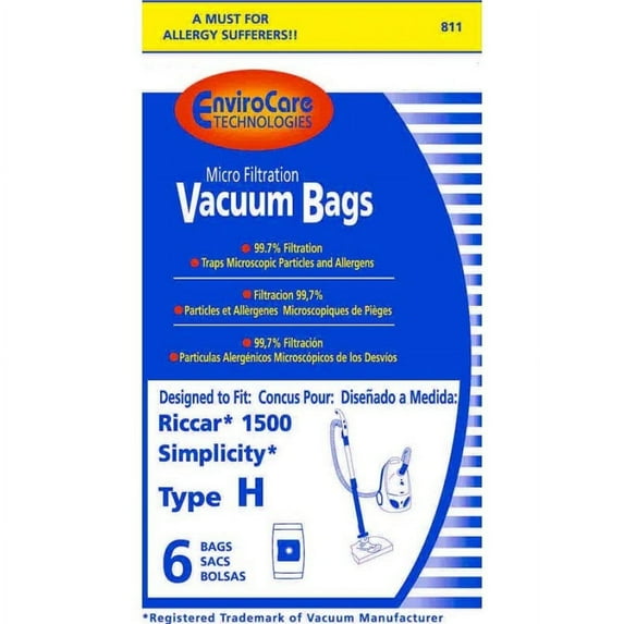 EnviroCare Replacement Micro Filtration Vacuum Cleaner Dust Bags for Riccar 1500 and Simplicty Type H Canisters 6 Bags