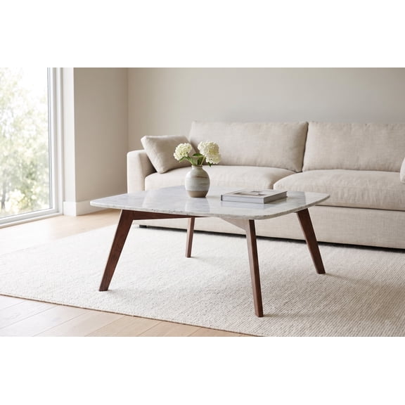 Riccardo 31.5" Square Italian Carrara White Marble Coffee Table with Walnut Legs