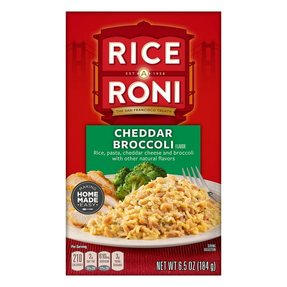Rice-A-Roni Cheddar Broccoli Flavor Rice, 6.5 oz Cardboard Box, Packaged Meal, Dry Uncooked Rice