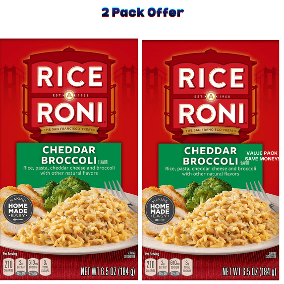 Rice-A-Roni Cheddar Broccoli Flavor Rice, 6.5 oz Cardboard , Packaged Meal, Dry Uncooked Rice ( 2 Pack )