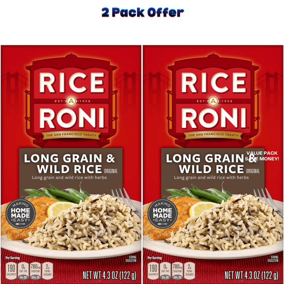 Rice-A-Roni Long Grain & Wild Rice Mix Packaged Meal, 4.3 oz Shelf-Stable ( 2 Pack )