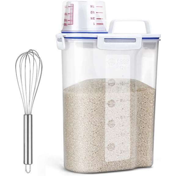 Rice Airtight Dry Storage Containers, Sealed Holder Bin Dispenser with Pouring Spout, Measuring Cup for Cereal, Flour and Oatmeal, Include a Stainless Whisk