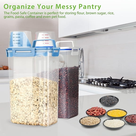 Rice Airtight Storage Container, 3 to 5Lbs Cereal Dry Food Flour Bin, Pet Dog Cat Food Dispenser with Measuring Cup, BPA Free Clear Plastic Kitchen and Pantry Organization Bin for Sugar