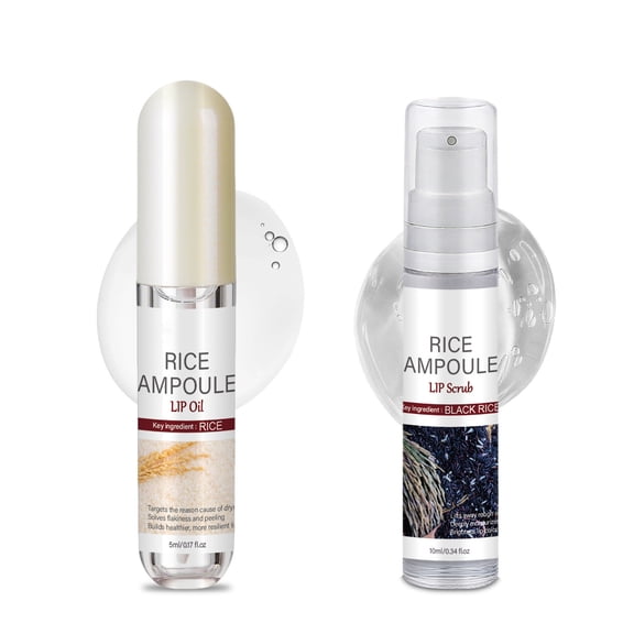 Rice Ampoule 2PCS Lip Care Set Rice Lip Oil & Black Rice Lip Scrub, Targets Dryness, Solves Flakiness, Lifts Away Rough Skin, Deeply Moisturizes & Brightens Lips, Builds Healthier, All Lip Types