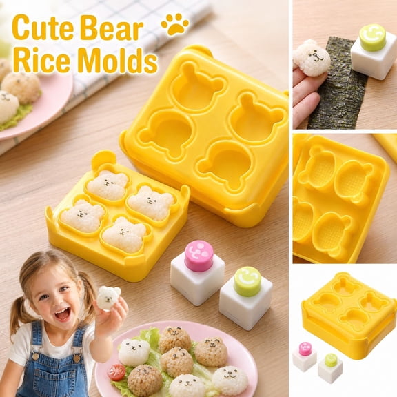 Rice Ball Maker Mold with 4-Cavity Bear Shape and 2 Stamps, Yellow, for Kids Bento Boxes, Sushi Making Kit