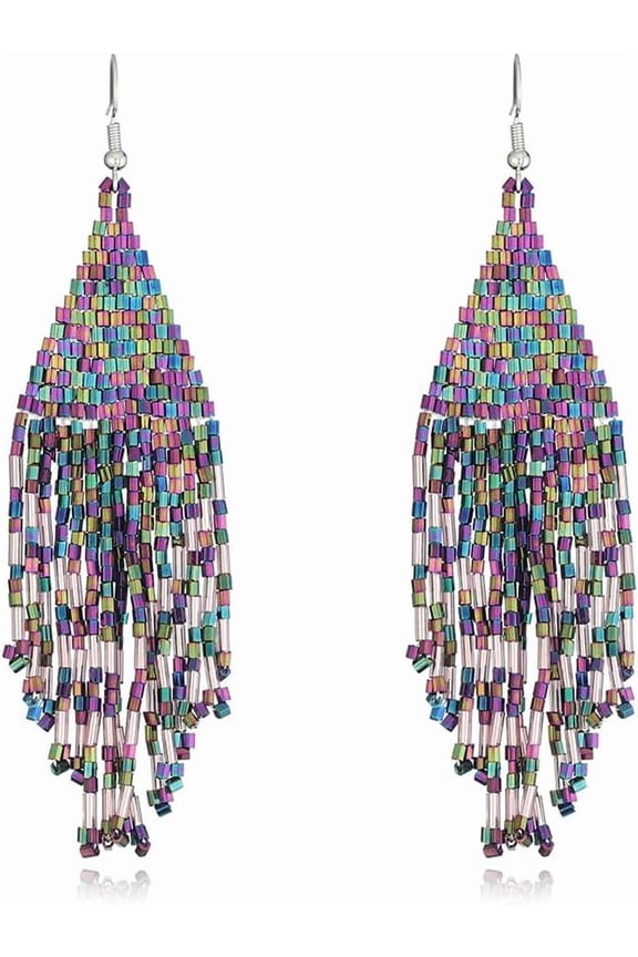 Rice Beaded Tassel Drop Dangle Earrings for Women,Boho Handmade Seed Bead Native Bohemian Large Statement Fringe Long Earrings for Women