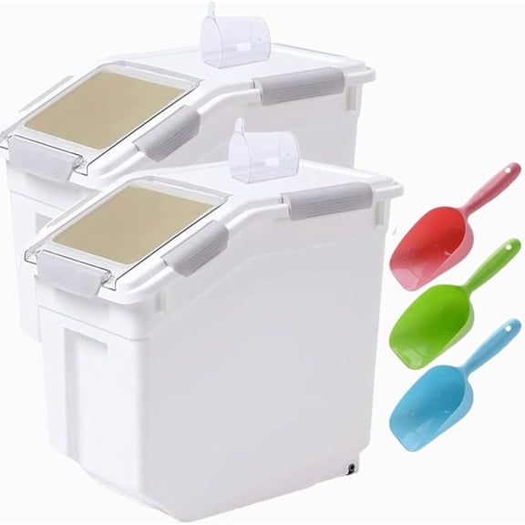 Rice Container 25 lbs, Large Airtight Flour Storage Container with Wheels Measuring Cup, 2 Pack a Set Bin Grain Organizer Box for Dry Baking Supplies Kitchen Pantry Cereal (Gray)