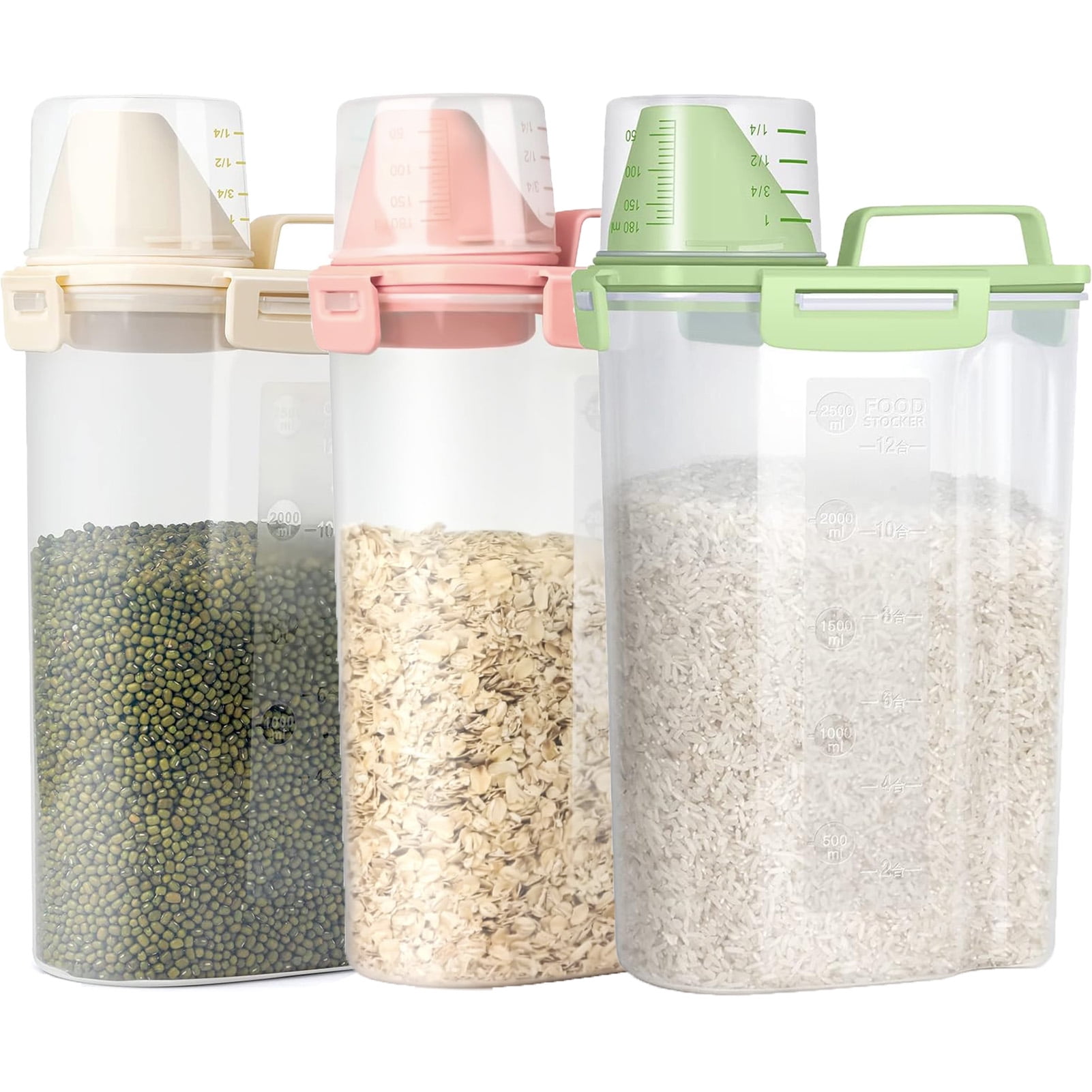 Rice Container 3 PCS Food Grain Cereal Flour Dispenser Airtight Storage Box with Measuring Cup and Pour Spout,Clear Thick Plastic 3KG Large Capacity
