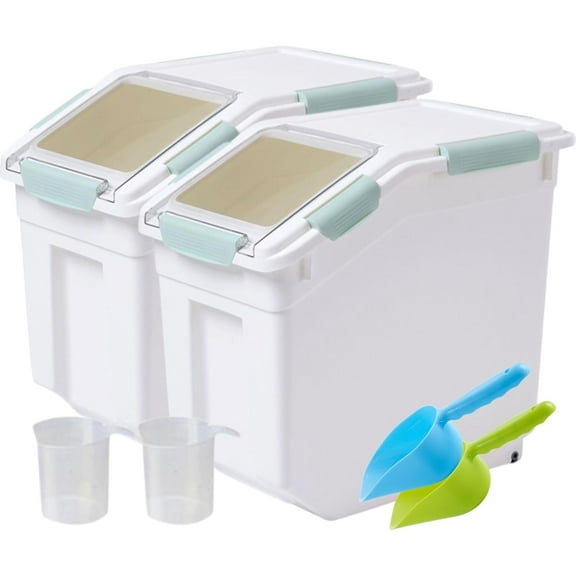 Rice Container, Large Airtight Flour Storage Container with Wheels Measuring Cup, Pack Food Bin Grain Organizer Box for Dry Baking Supplies Kitchen Pantry Cereal