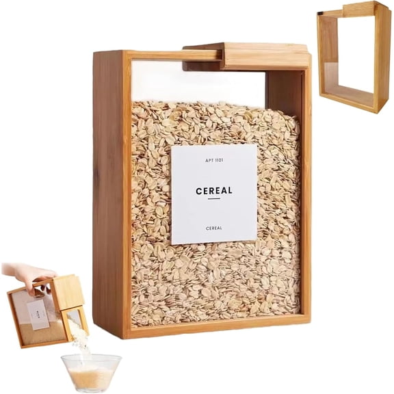Rice Container - Wooden Acrylic Cereal Box, Wooden Cereal Storage Box, Cereals Storage Containers, with Sliding Lid for Dry Food, Snacks & Cereals, Sugar, Nuts, Coffee Bean, Tea, Flour, Oat (1PCS)