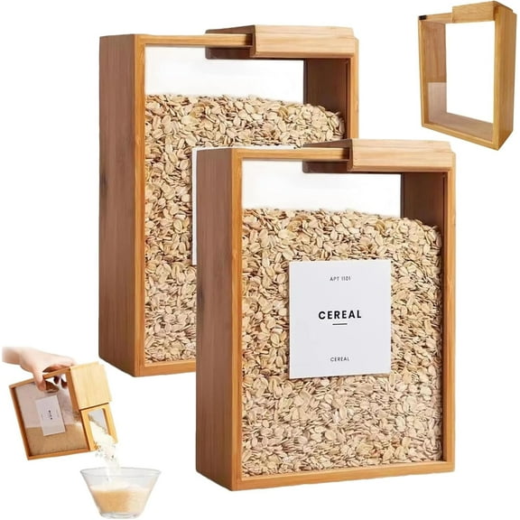 Rice Container - Wooden Acrylic Cereal Box, Wooden Cereal Storage Box, Cereals Storage Containers, with Sliding Lid for Dry Food, Snacks & Cereals, Sugar, Nuts, Coffee Bean, Tea, Flour, Oat (2PCS)