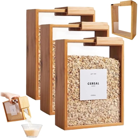 Rice Container - Wooden Acrylic Cereal Box, Wooden Cereal Storage Box, Cereals Storage Containers, with Sliding Lid for Dry Food, Snacks & Cereals, Sugar, Nuts, Coffee Bean, Tea, Flour, Oat (3PCS)
