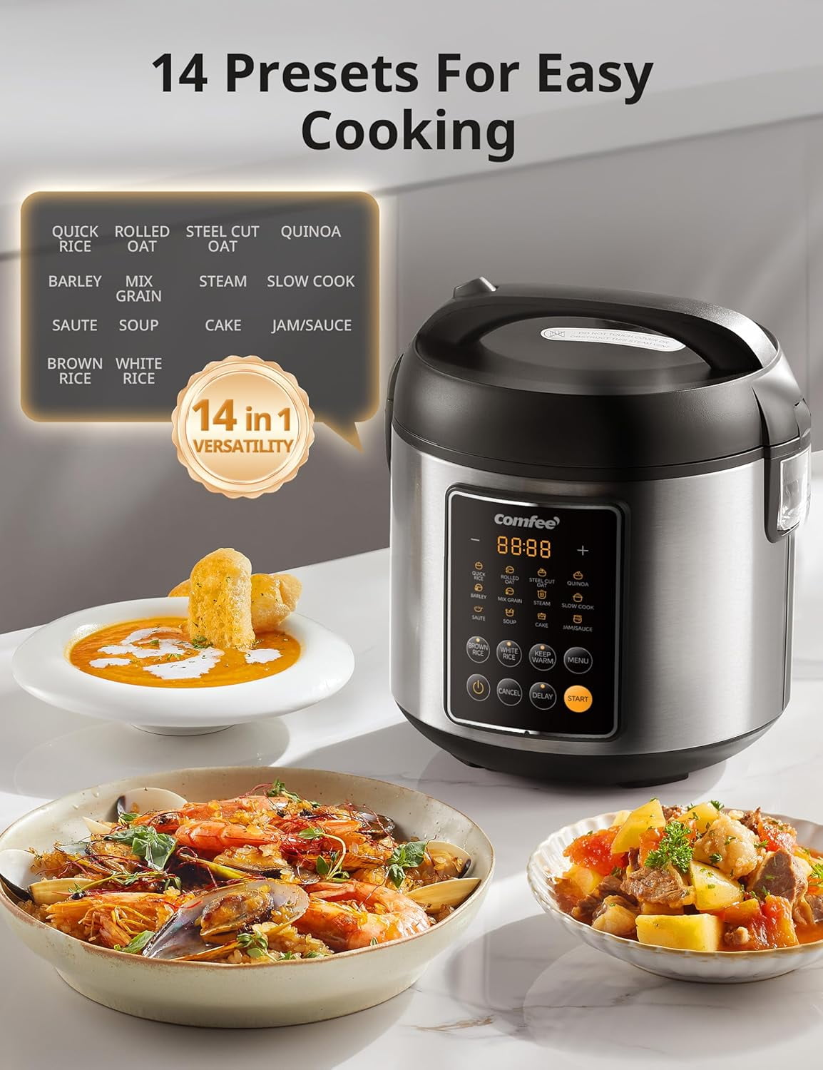 Rice Cooker, 14-in-1 Stainless Steel Multi Cooker, Slow Cooker, Steamer, Sauté, and Warmer, 5.3 QT, 20 Cups Cooked (10 Cups Uncooked), Brown Rice, Quinoa and Oatmeal