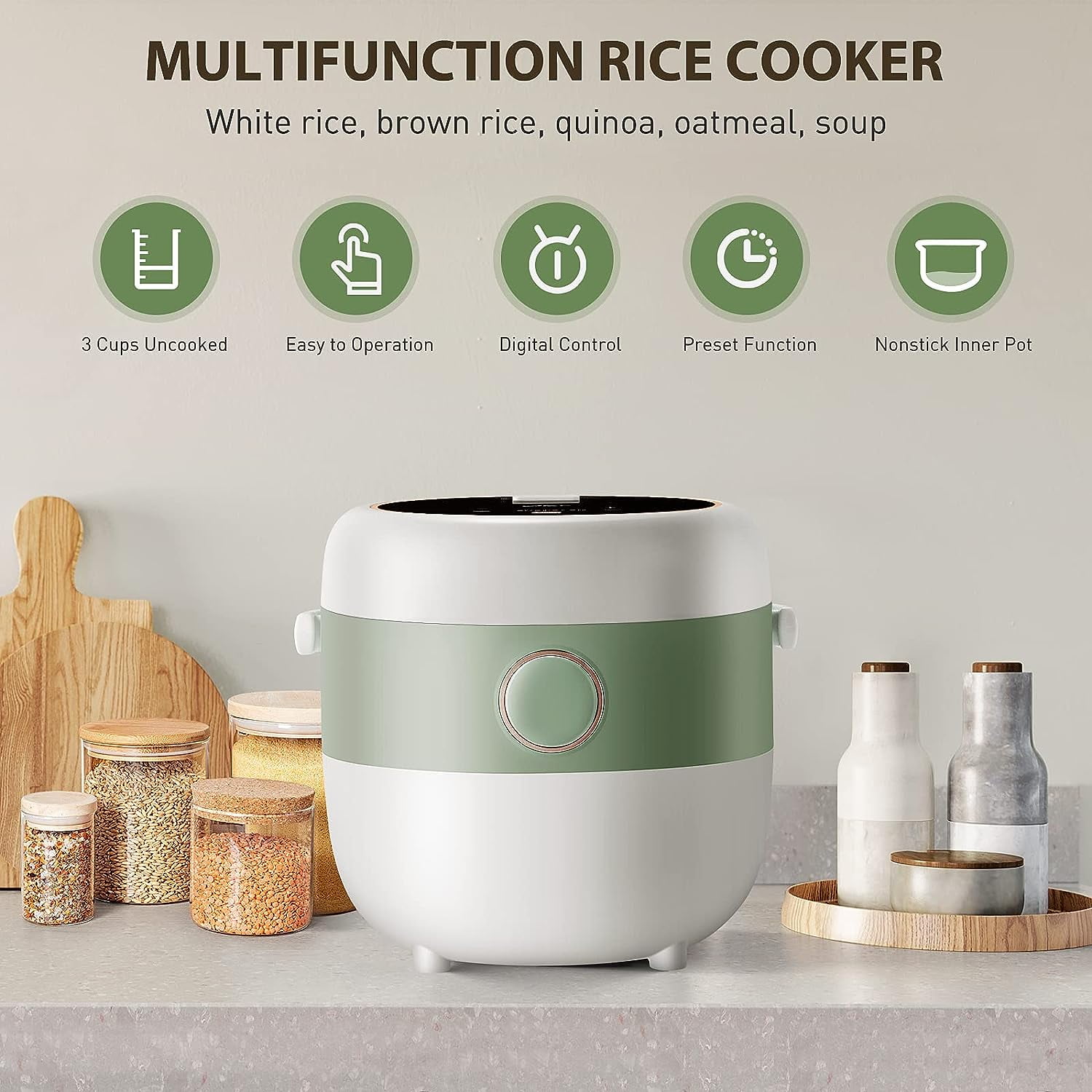 Rice Cooker 3 Cups Uncooked 3D Heating Fuzzy Logic Healthy Nonstick Small Rice Cooker PFAS- Touch-Screen for White Brown Rice Quinoa Oatmeal Soup