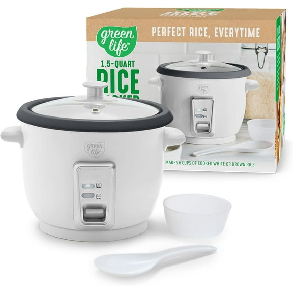 Rice Cooker with Removable PFAS-Free Ceramic Nonstick Pot 3-Cups Uncooked 6-Cups Cooked Grains and Oatmeal Multicooker Compact One-Switch Design Auto Keep Warm Easy Clean White 1.5QT Bestseling