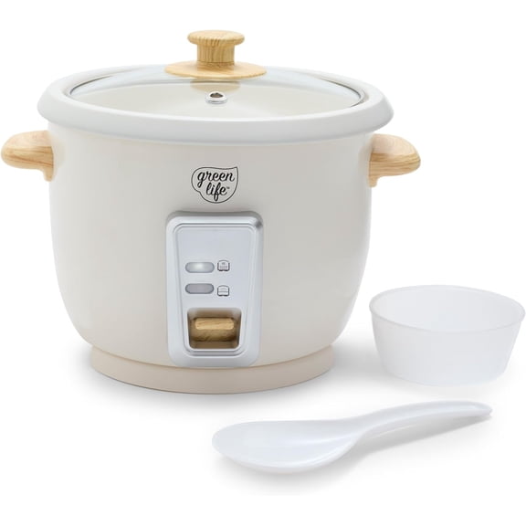 Rice Cooker with Removable PFAS-Free Nonstick Pot, 3-Cups Uncooked/6-Cups Cooked, One-Switch Design, Auto Keep Warm Function, Soup, Grains, Oatmeal, Wood Handle, Cream