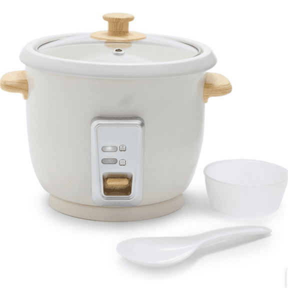 Rice Cooker with Removable PFAS-Free Nonstick Pot, 3-Cups Uncooked/6-Cups Cooked, One-Switch Design, Auto Keep Warm Function, Soup, Grains, Oatmeal, Wood Handle, Cream