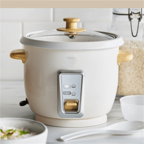 Rice Cooker with Removable PFAS-Free Nonstick Pot, 3-Cups Uncooked/6-Cups Cooked, One-Switch Design, Auto Keep Warm Function, Soup, Grains, Oatmeal, Wood Handle, Cream