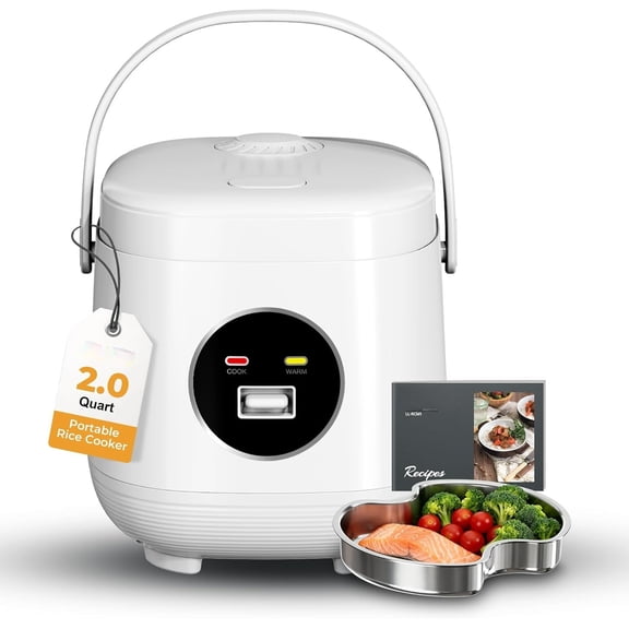 Rice Cooker Small 4 cup Uncooked,2 Quart Non- Mini Rice Cooker,With Stainless  Steamer Tray,One- to Cook and  Keep Warm,Recipe Guide,Small space saving for 1-4 people,White