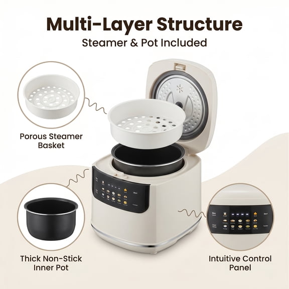 Rice Cooker with Steamer Basket, 4-Cup Uncooked Compact Cooker for Rice Soup Oatmeal, Beige