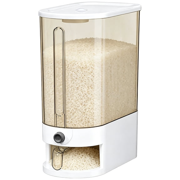 Rice Dispenser 22 lbs, Slim Rice Storage Container with Measuring Cup & Unwelcome Guest-Proof Box, One-Touch Sealed Moisture Proof Dry Food Dispenser for Kitchen Pantry and Household Daily Use, Amber