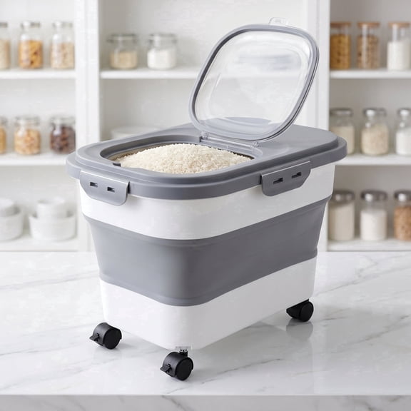 Rice Dispenser 25 lbs,Foldable Food Storage Bin with Wheels, Leakproof Lid, for Dog Food Rice Flour Cereal, Large Kitchen Pantry Organizer