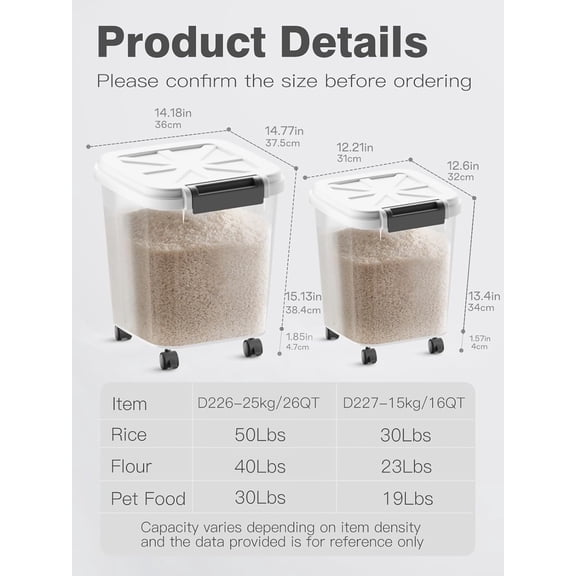Rice Dispenser - 50LBS Airtight food storage container with lids,cereal flour storage container with wheels, flour bin rice organizer (25KG)$$Home Decor, Kitchen, & Other