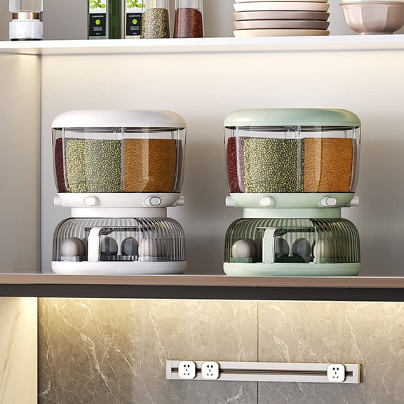 Rice Dispenser, 6-Grid Grain Dispenser, 360° Rotating Rice Dispenser Storage Container with Measuring Cup, Food Storage Containers for Kitchen Small Grains, Beans, Rice