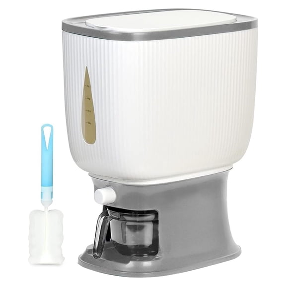 Rice Dispenser for Countertop 20 Lbs Capacity Grain Storage Container with Measuring Cup & Brush Airtight Food Keeper for Rice, Cereal, Oats White-Gray