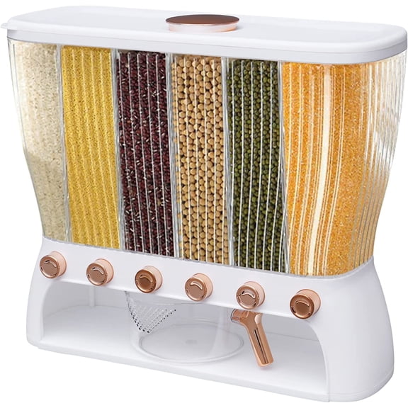 Rice Dispenser Food Dispenser 22 Lb Rice Bucket, 6-Grid Rice Storage Dry Food Dispenser Grain Storage Dried Fruit Food Storage Box Wall Mounted