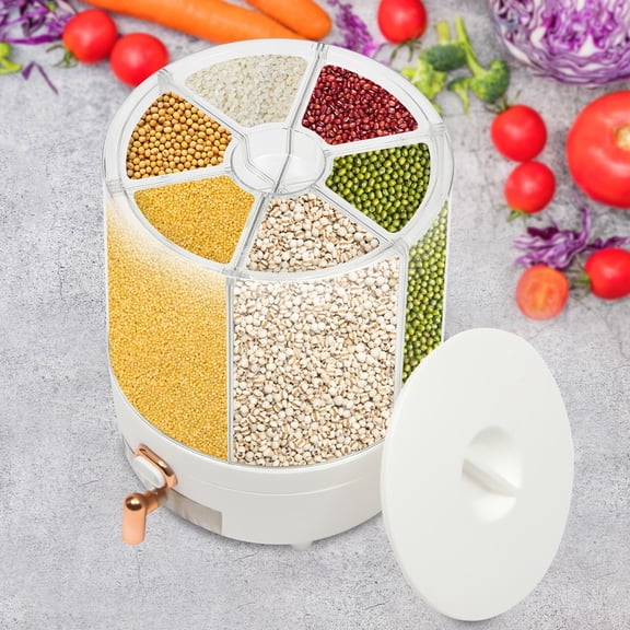 Rice Dispenser, Rotating Dry Food Dispenser PET, PP Kitchen Grain Storage Container with 6 Compartments Holder for Rice and Beans (White)