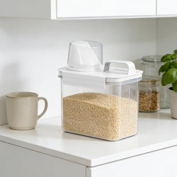 Rice Dispenser Storage Containers,Small Rice Bucket with Measuring Cup & Pour Spout, Kitchen Plastic Airtight Container for Cereal, Grain, Flour, Sugar, Oatmeal, Dry Pet Dog Food