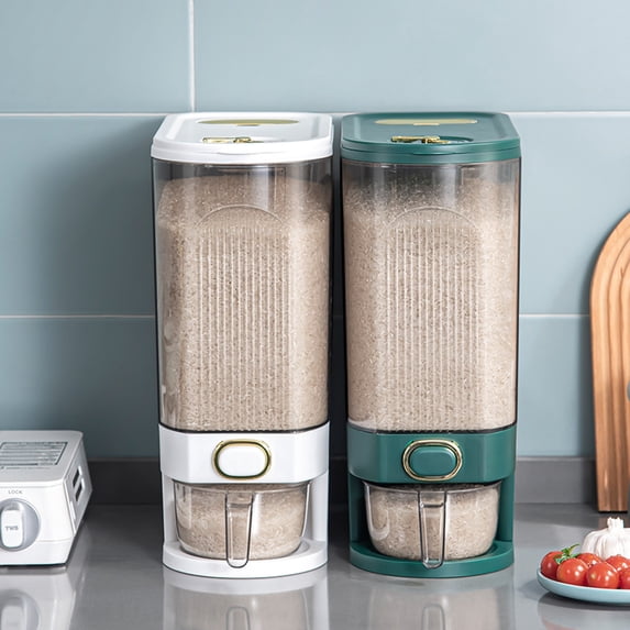 Rice Dispenser with Metered Press Outlet, Airtight Grain Storage Container for Home, Sealed Rice Bucket for Cereals and Legumes 13x15 Inch Green
