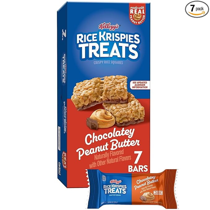 Rice Krispies Treats Crispy Rice Squares, Kids Snacks, Snack Bars, Chocolatey Peanut Butter, 5.4oz Box (7 Bars) ( Pack of 2 )