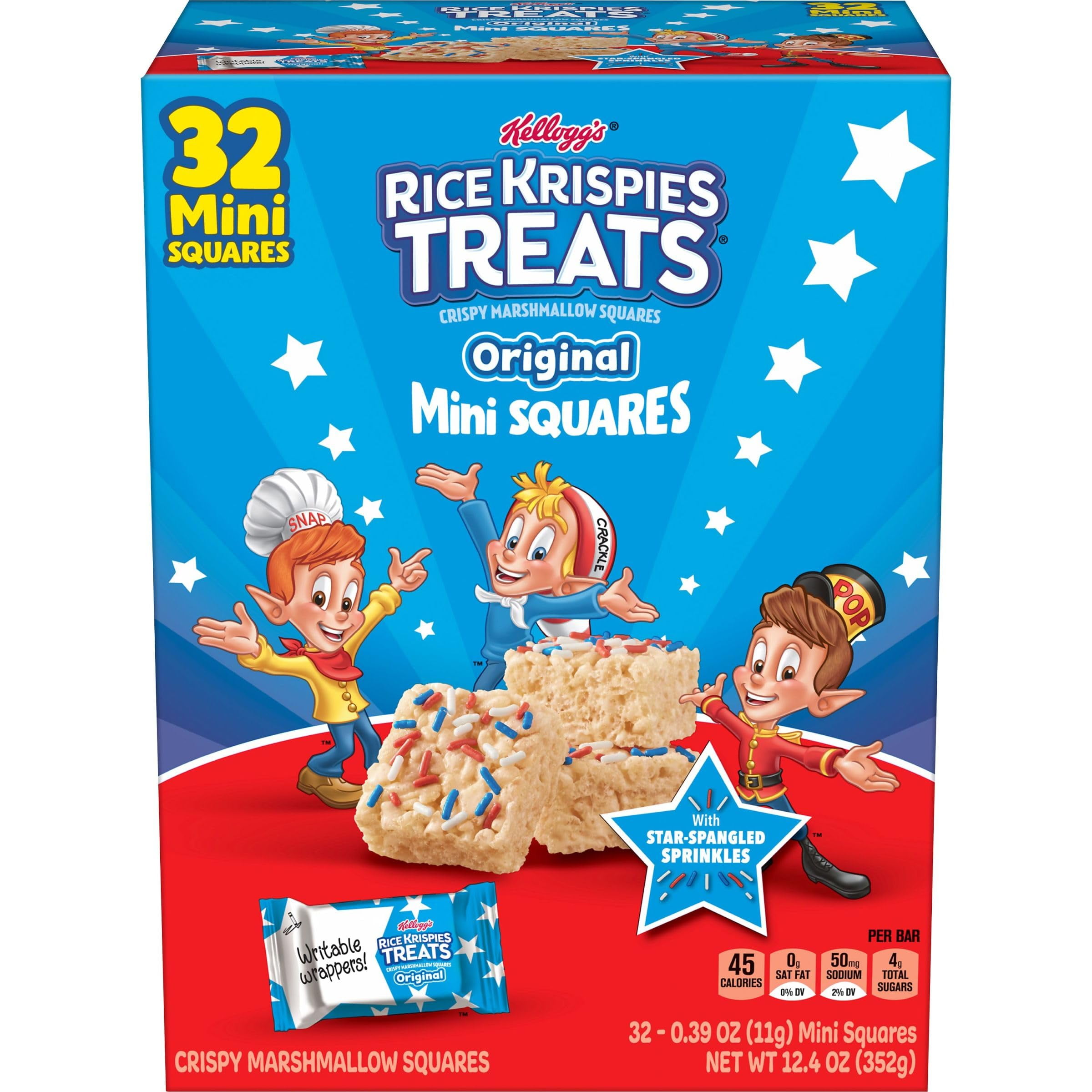 Rice Krispies Treats Mini Crispy Marshmallow MVS1Squares, 4th of July Snacks, Original with Star-Spangled Sprinkles, 12.4oz Box (32 Bars)
