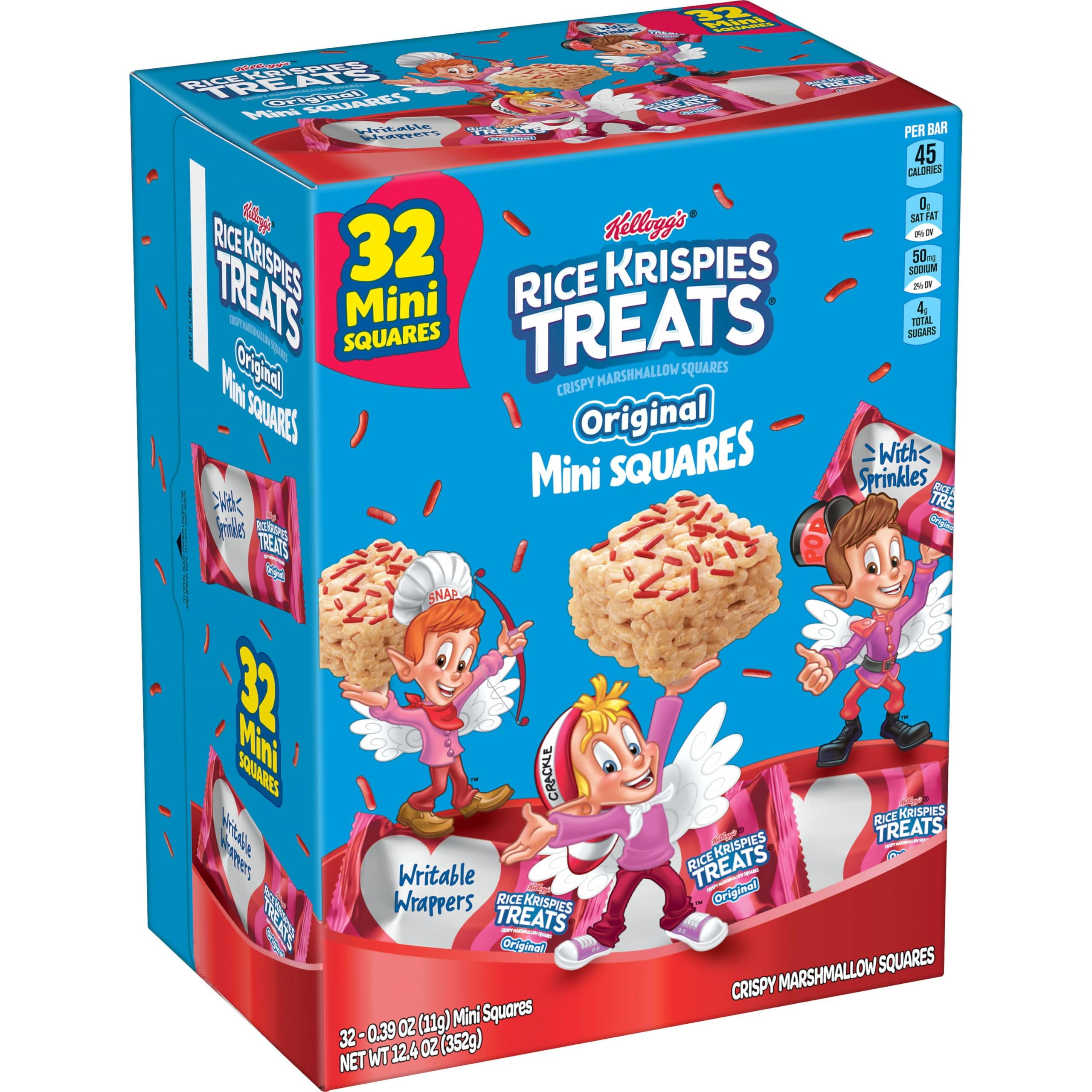 Rice Krispies Treats Mini DMF15 Marshmallow Cereal Bars, Valentine's Day Snacks, Original with Holiday Sprinkles, 12.4oz Box (32 Count)