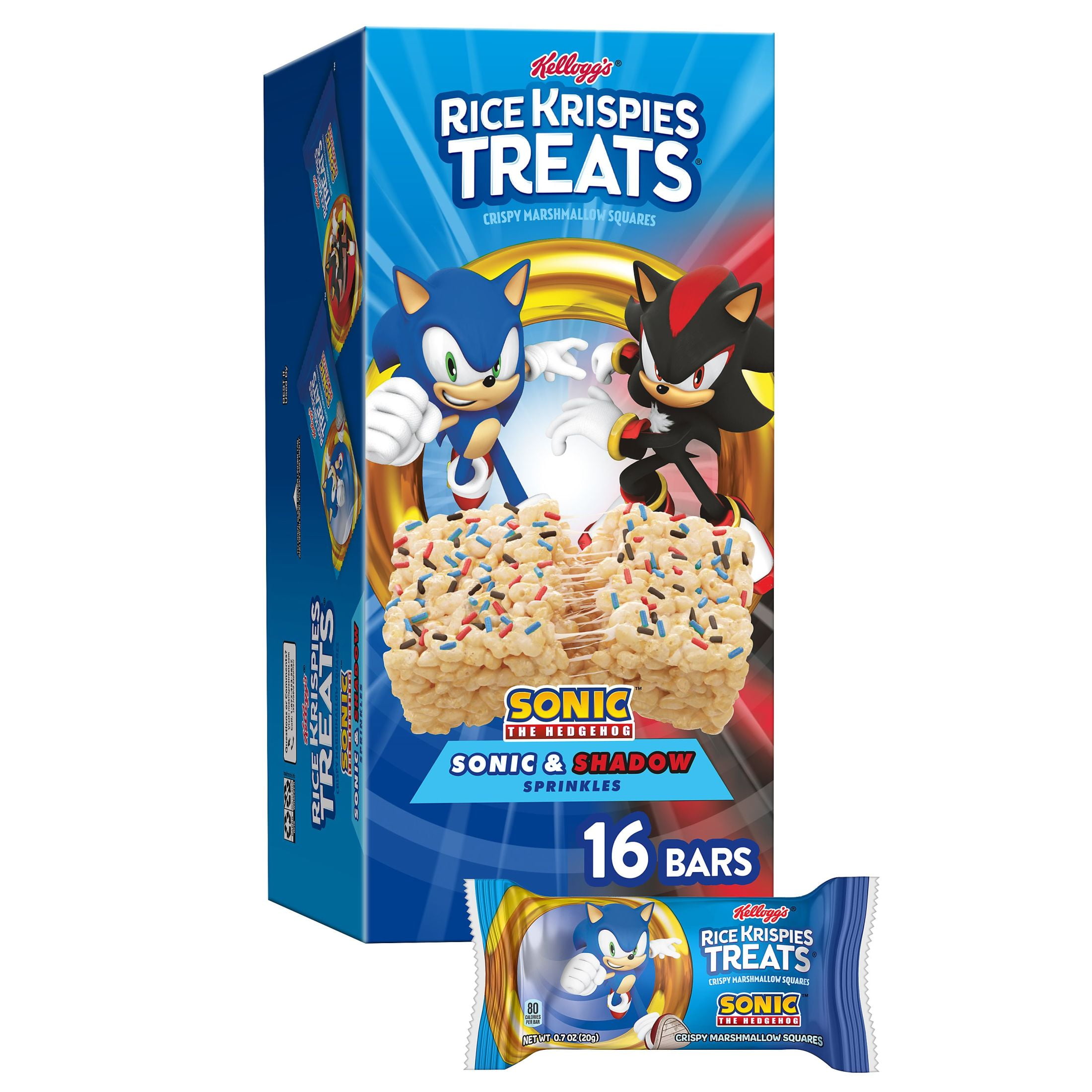 Rice Krispies Treats Sonic and Shadow Sprinkles Chewy Crispy Marshmallow Squares, Kids Snacks, 11.2 oz, 16 Count
