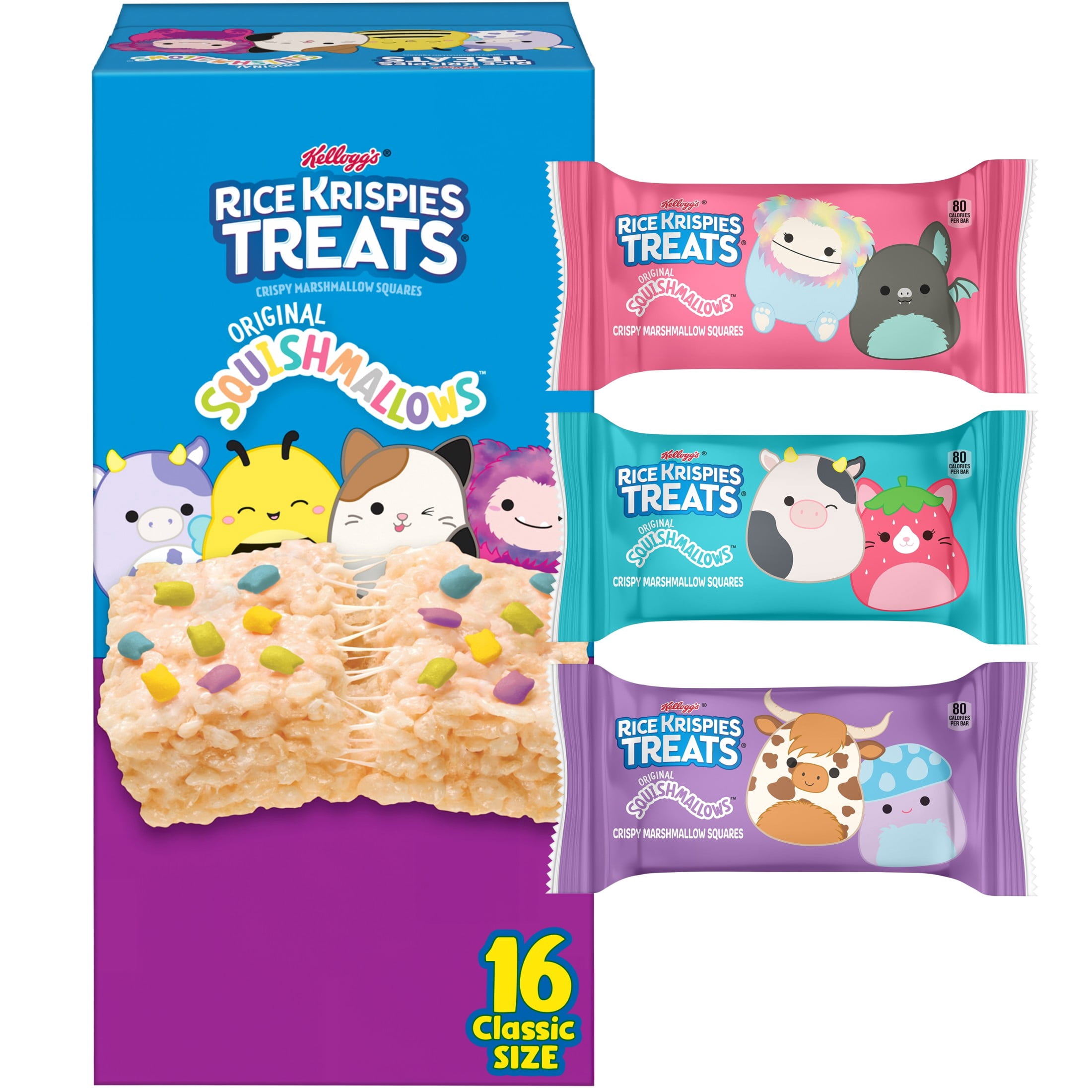 Rice Krispies Treats Original Squishmallows Chewy Crispy Marshmallows Squares, Kids Snacks, 11.2 oz, 16 Count