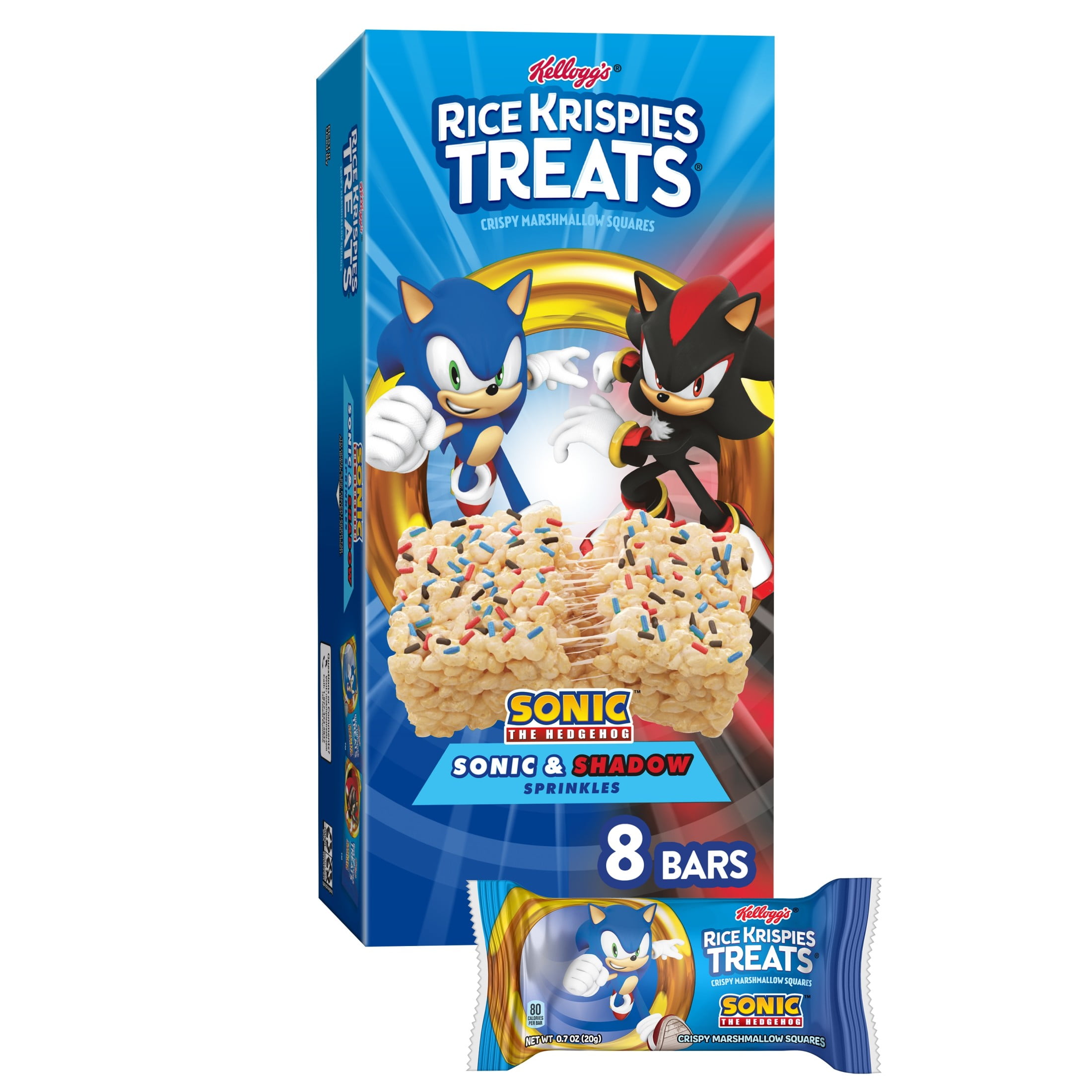 Rice Krispies Treats Sonic and Shadow Sprinkles Chewy Crispy Marshmallow Squares, Kids Snacks, 5.6 oz, 8 Count