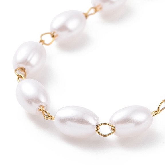 Rice Plastic Imitation Pearl Beaded Bracelets with PVD Vacuum Plating 304 Stainless Steel Curb Chains White Golden 6-3/8 inch(16.3cm)
