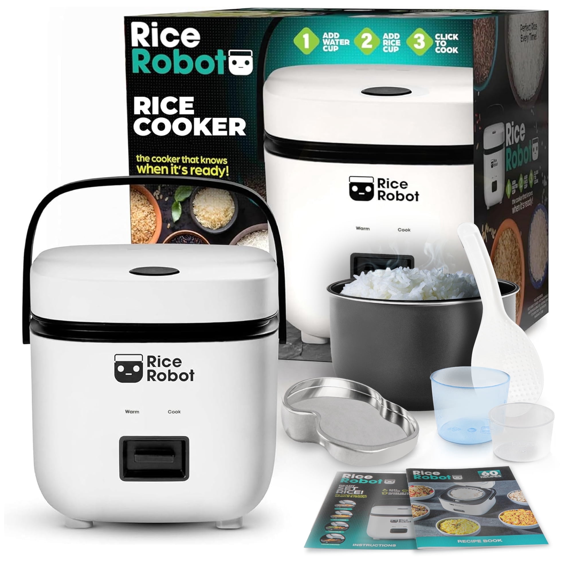 Rice Robot Personal Rice Cooker, PFAS-free, Nonstick. 1 Quart Capacity 4 Cups, with Stainless Steel Steamer Tray, Measuring Cups, Recipe Book with 60 Recipes, and Serving Spoon, As Seen On TV
