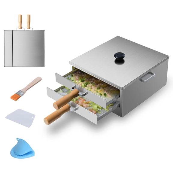 Rice Roll Steamer, Cantonese Stainless Steel 2-Tier Rice Noodles Steamer Machine, Steam Rice Roll Maker with Long Wooden Handle for Commercial and Home Use for Cheung Fun/Dumplings/Dim Sum